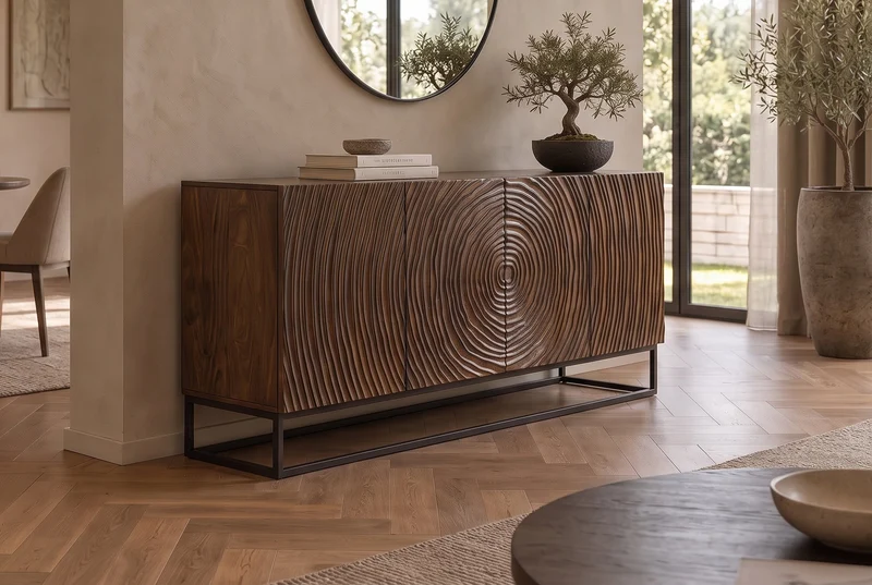 Buffet massif ZEN CIRCLES 160cm bois de manguier marron foncé design 3D