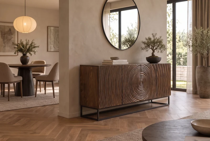 Buffet massif ZEN CIRCLES 160cm bois de manguier marron foncé design 3D