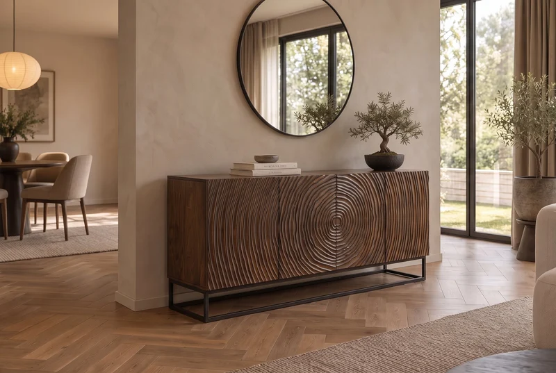 Buffet massif ZEN CIRCLES 160cm bois de manguier marron foncé design 3D