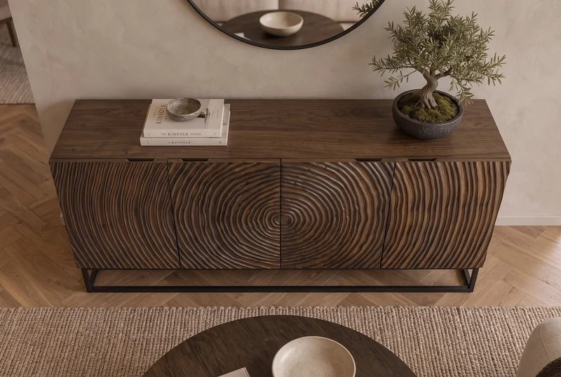Buffet massif ZEN CIRCLES 160cm bois de manguier marron foncé design 3D