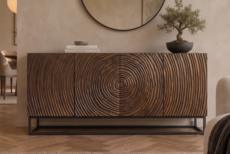 Buffet massif ZEN CIRCLES 160cm bois de manguier marron foncé design 3D