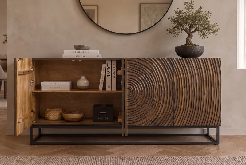Buffet massif ZEN CIRCLES 160cm bois de manguier marron foncé design 3D