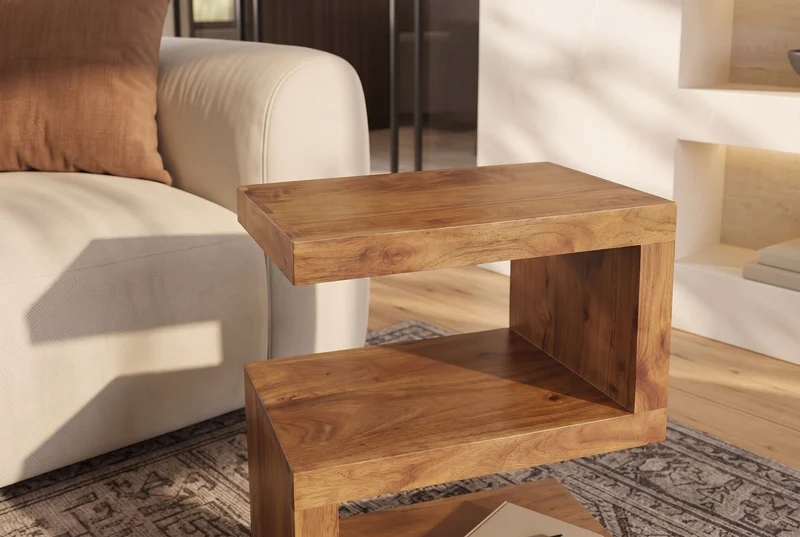 Table d’appoint artisanale S 60cm en bois de manguier finition miel marron avec étagère réglable