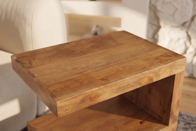 Table d’appoint artisanale S 60cm en bois de manguier finition miel marron avec étagère réglable