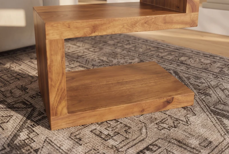 Table d’appoint artisanale S 60cm en bois de manguier finition miel marron avec étagère réglable