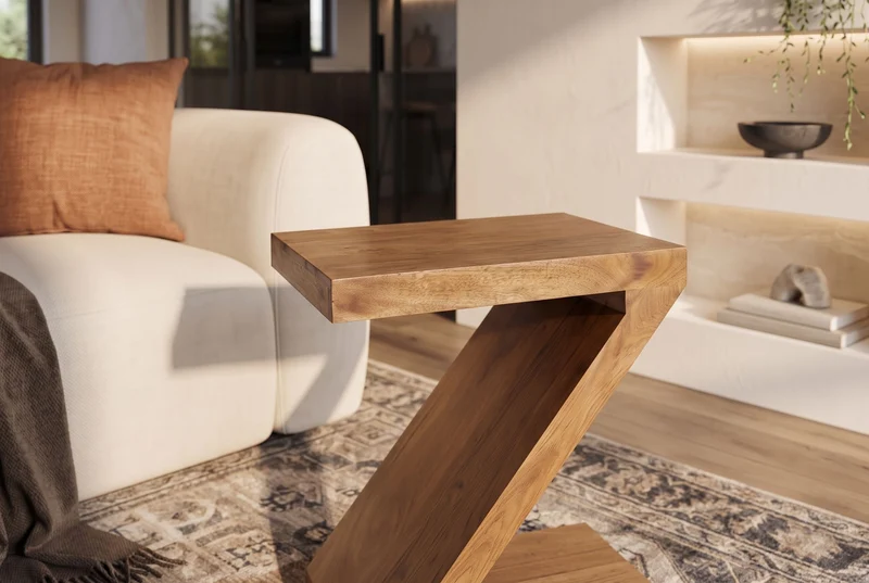 Table d’appoint massive Z 60cm finition miel marron en bois de manguier forme Z fait main
