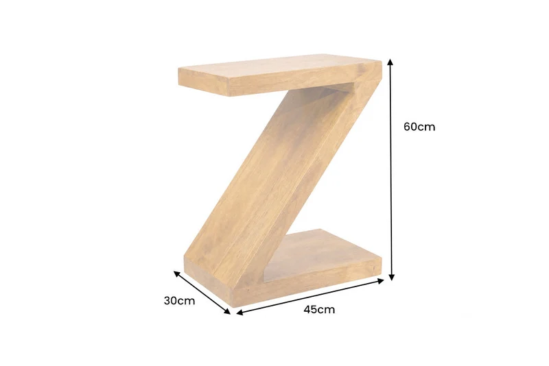 Table d’appoint massive Z 60cm finition miel marron en bois de manguier forme Z fait main