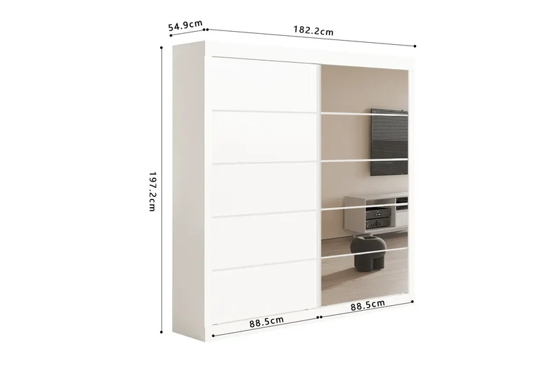 Armoire 2 portes coulissante avec porte miroir MIKA blanc - 182.5 cm