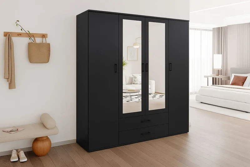 Armoire 4 portes avec 2 miroirs MARCO gris foncé - 160 cm