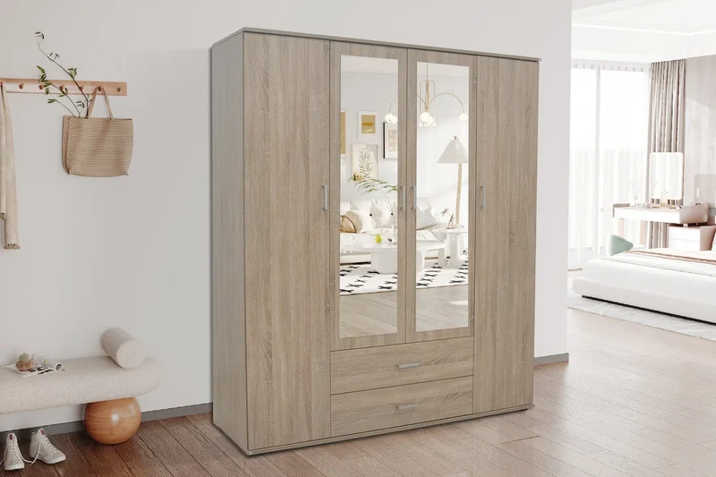 Armoire 4 portes avec 2 miroirs MARCO sonoma - 160 cm