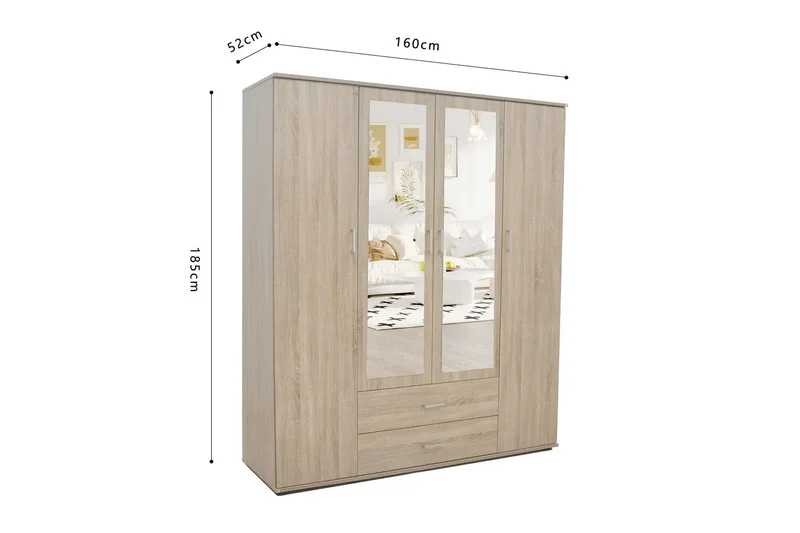 Armoire 4 portes avec 2 miroirs MARCO sonoma - 160 cm