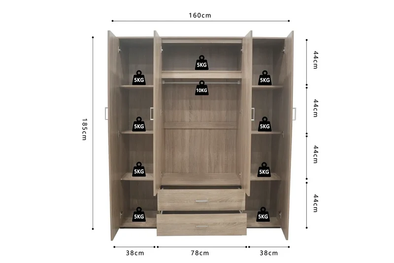Armoire 4 portes avec 2 miroirs MARCO sonoma - 160 cm