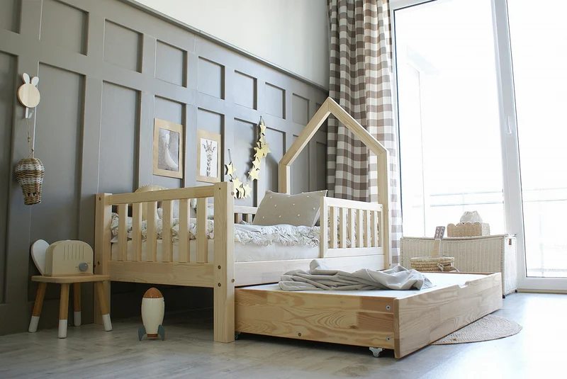 Lit simple maisonette en bois avec tiroir, toit en tête de lit • Nohr