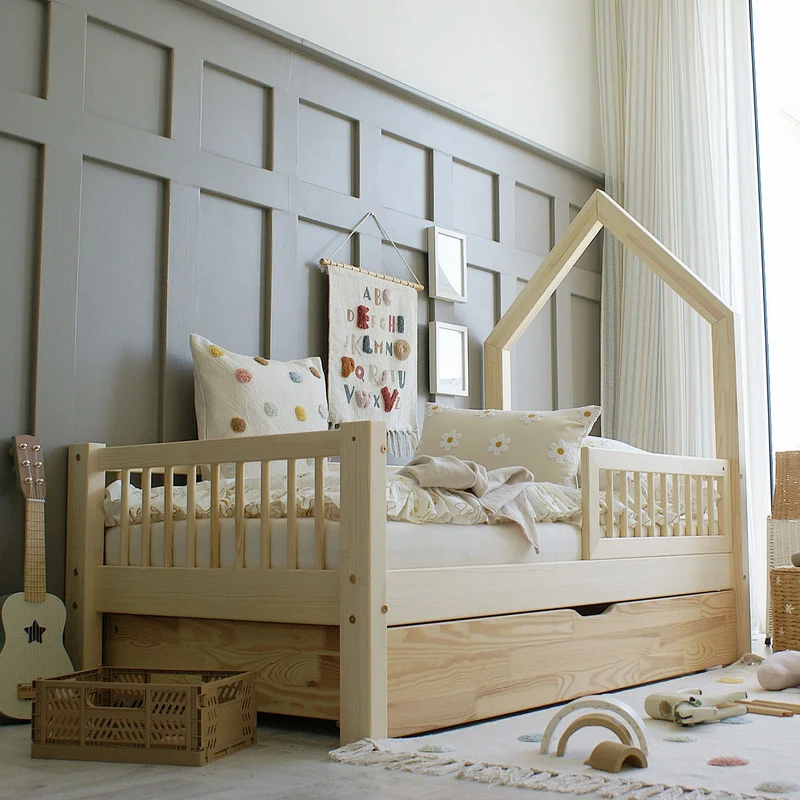 Lit simple maisonette en bois avec tiroir, toit en tête de lit • Milie