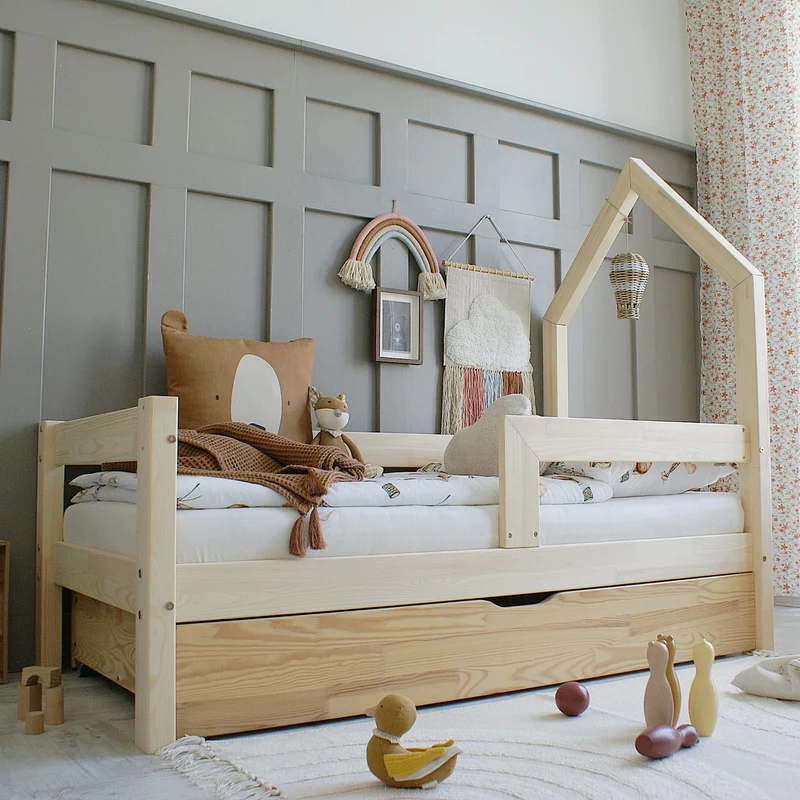 Lit simple maisonette en bois avec tiroir, toit en tête de lit • Ariane