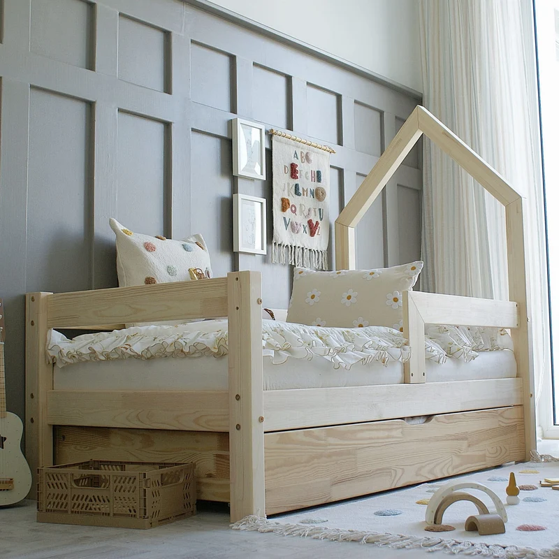 Lit simple maisonette en bois avec tiroir, toit en tête de lit • Ariane