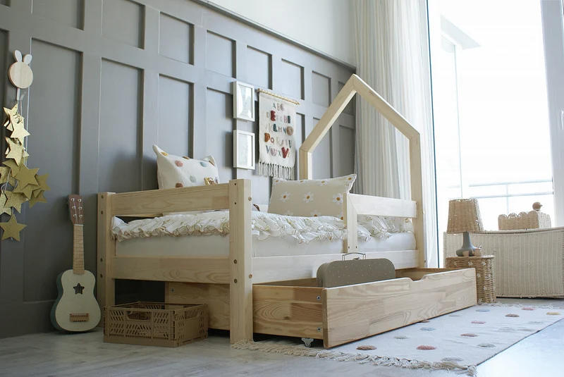 Lit simple maisonette en bois avec tiroir, toit en tête de lit • Ariane