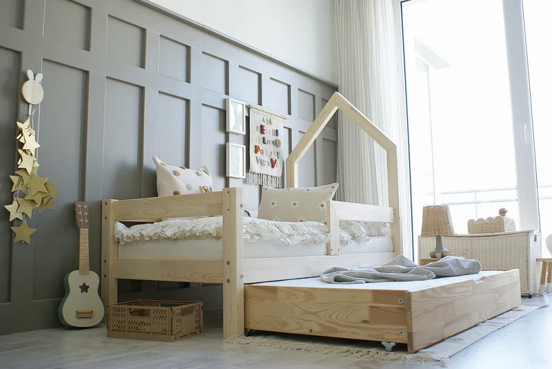 Lit simple maisonette en bois avec tiroir, toit en tête de lit • Ariane