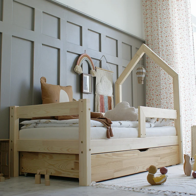 Lit simple maisonette en bois avec tiroir, toit en tête de lit • Ariane