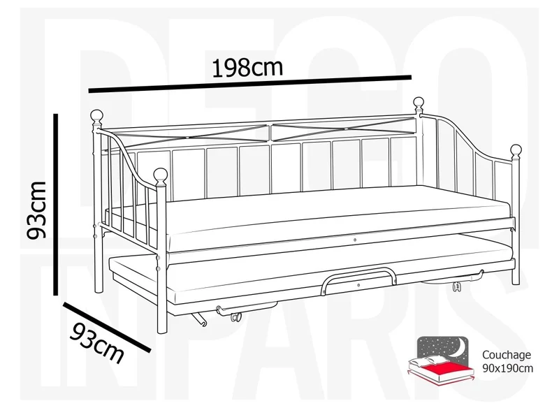 Lit banquette gigogne en métal noir ALICIA 90 x 190 cm