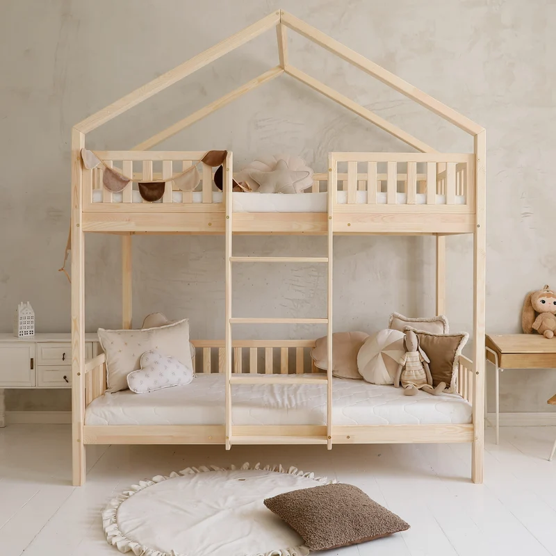 Lit cabane superposé 90x190cm en bois avec tiroir, toit pointu et échelle centrale • Nohr