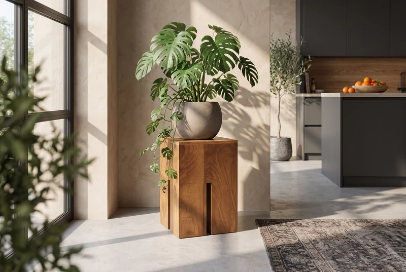 Table d’appoint design CASTLE 45cm finition miel marron en bois de manguier massif fait main
