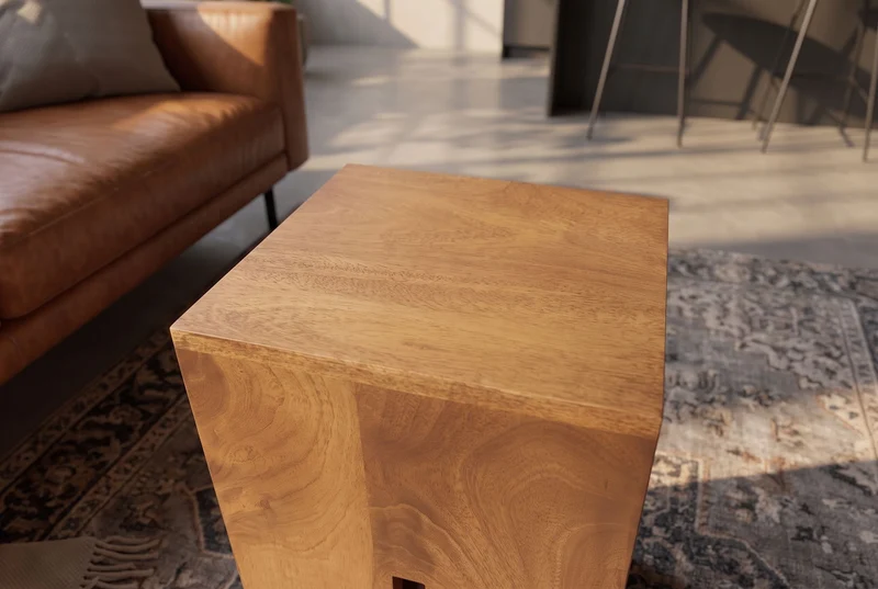 Table d’appoint design CASTLE 45cm finition miel marron en bois de manguier massif fait main