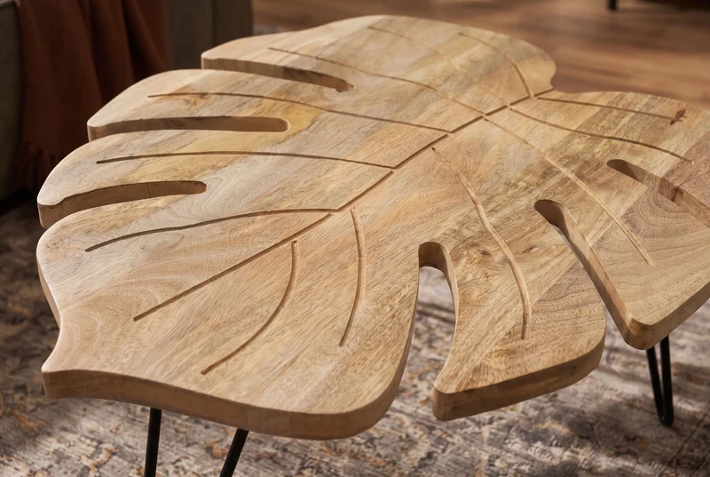 Table basse solide LEAF 75cm en bois de manguier naturel pieds en épingle à cheveux noirs fait main