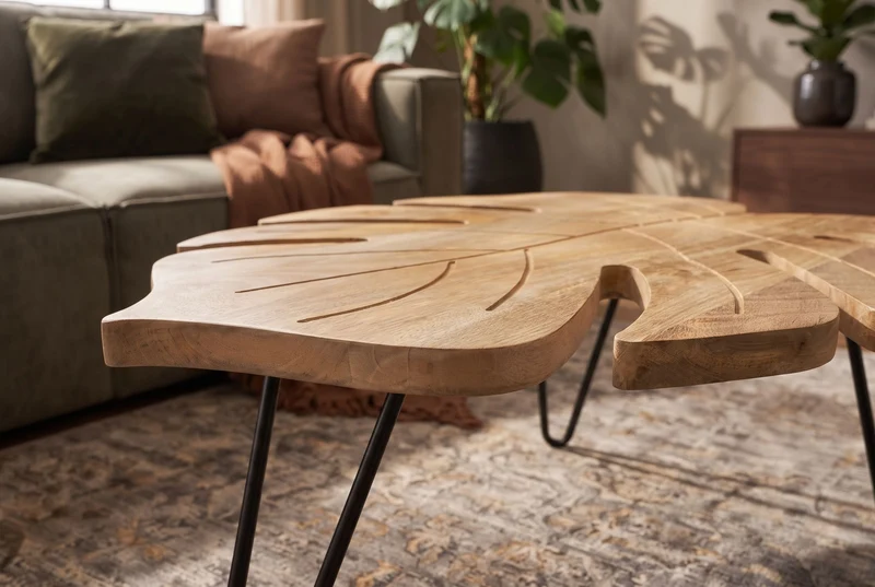 Table basse solide LEAF 75cm en bois de manguier naturel pieds en épingle à cheveux noirs fait main