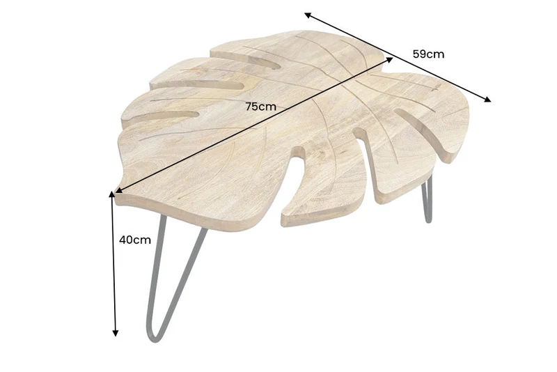 Table basse solide LEAF 75cm en bois de manguier naturel pieds en épingle à cheveux noirs fait main
