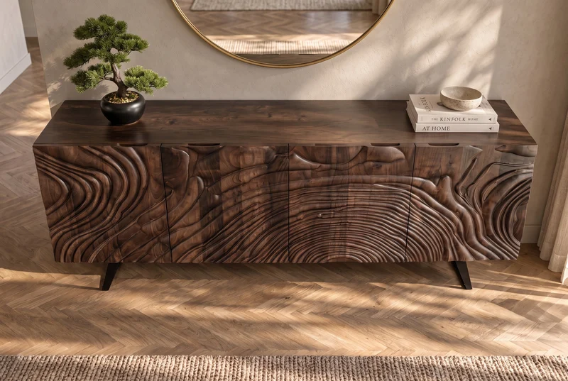 Buffet massif FLUID 175cm en manguier marron structure luge design 3D