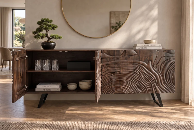 Buffet massif FLUID 175cm en manguier marron structure luge design 3D