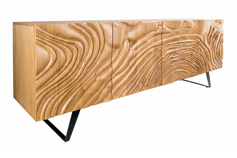 Buffet massif FLUID 175cm en manguier crème structure luge design 3D