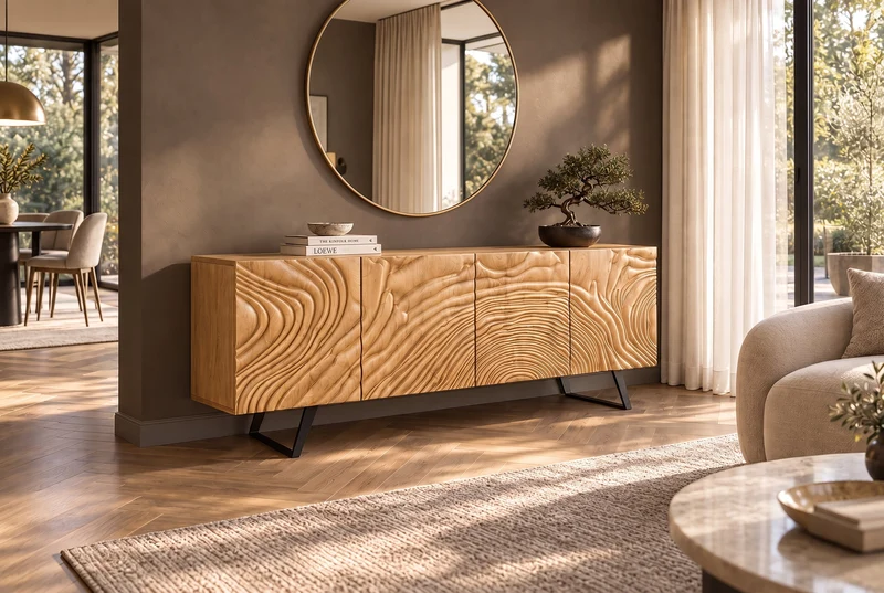 Buffet massif FLUID 175cm en manguier crème structure luge design 3D