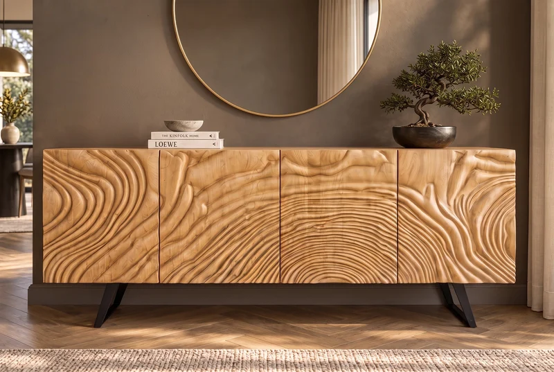 Buffet massif FLUID 175cm en manguier crème structure luge design 3D