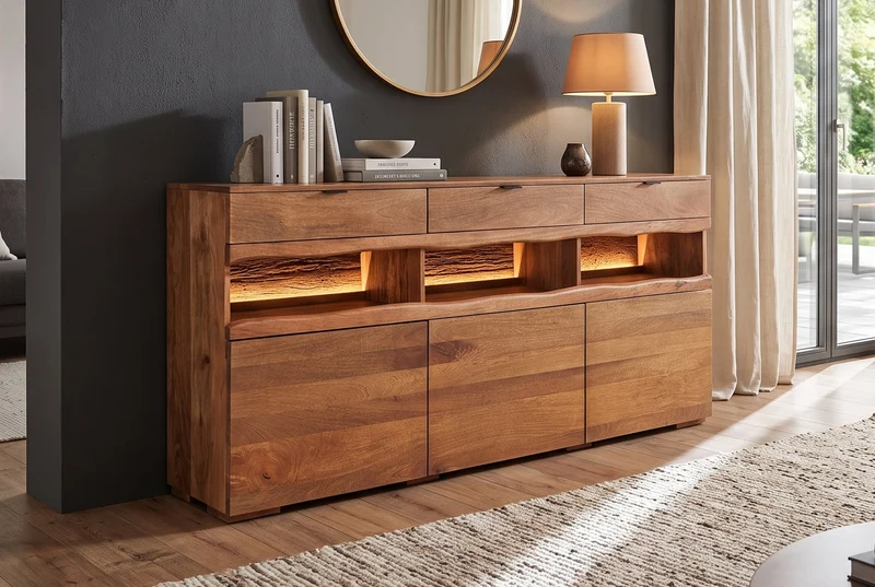 Buffet massif GRAND 180cm en manguier marron avec tiroirs lumineux LED