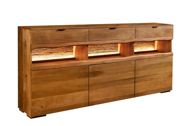 Buffet massif GRAND 180cm en manguier marron avec tiroirs lumineux LED