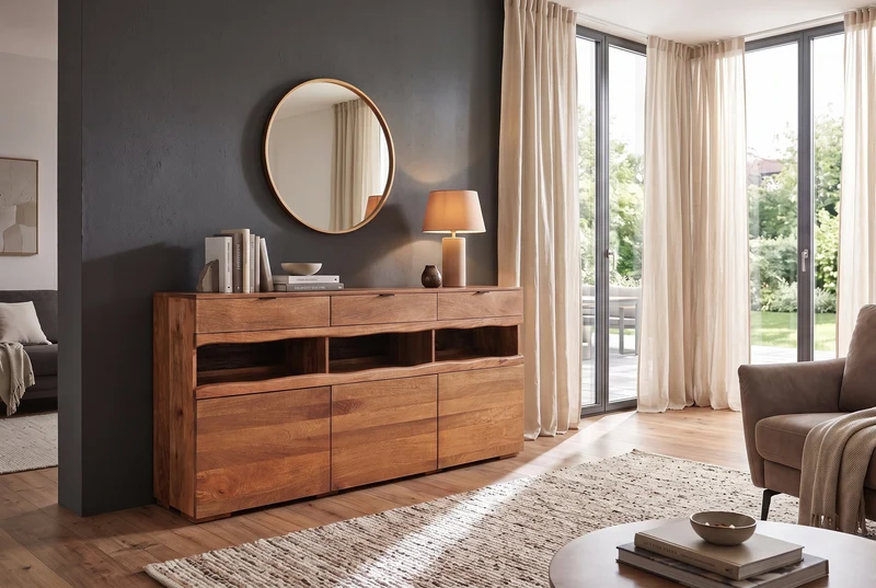 Buffet massif GRAND 180cm en manguier marron avec tiroirs lumineux LED