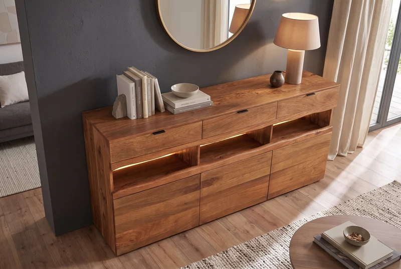 Buffet massif GRAND 180cm en manguier marron avec tiroirs lumineux LED