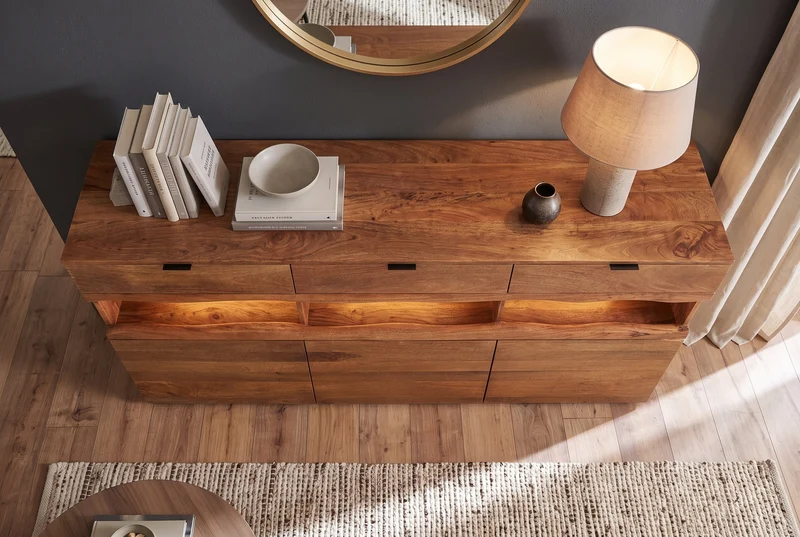 Buffet massif GRAND 180cm en manguier marron avec tiroirs lumineux LED