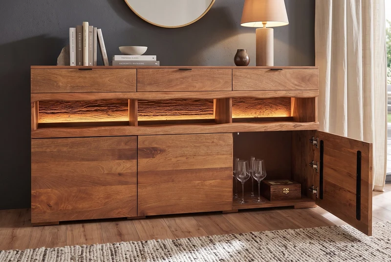 Buffet massif GRAND 180cm en manguier marron avec tiroirs lumineux LED