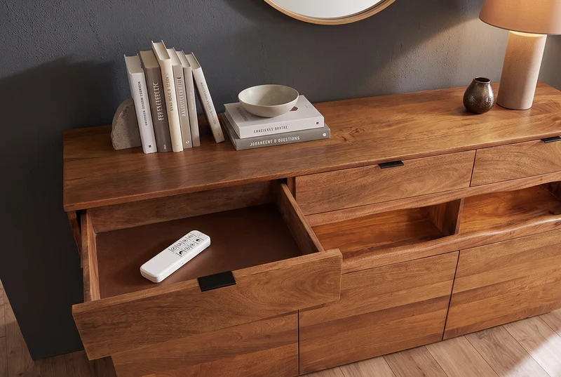 Buffet massif GRAND 180cm en manguier marron avec tiroirs lumineux LED