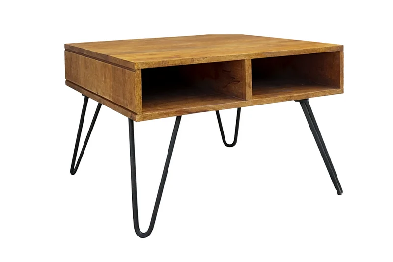 Table basse massive SCORPION 60cm en bois de manguier finition miel marron avec pieds en épingle