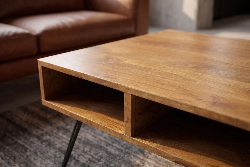Table basse massive SCORPION 60cm en bois de manguier finition miel marron avec pieds en épingle