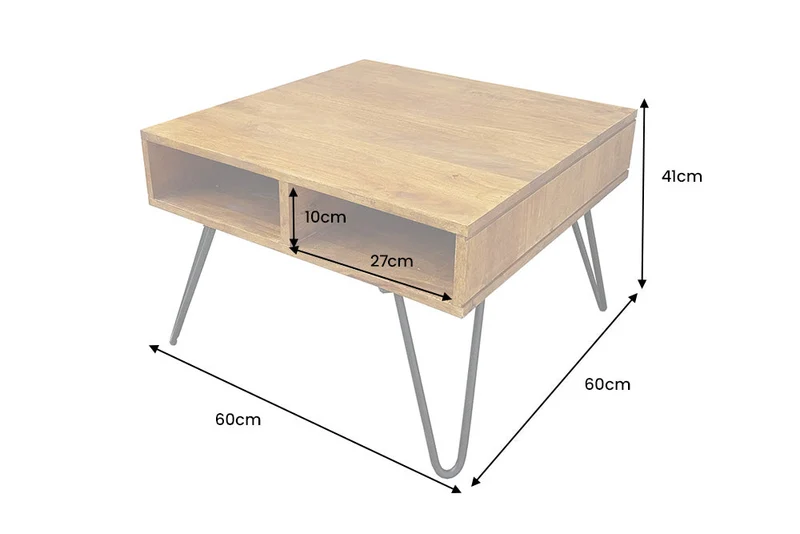 Table basse massive SCORPION 60cm en bois de manguier finition miel marron avec pieds en épingle