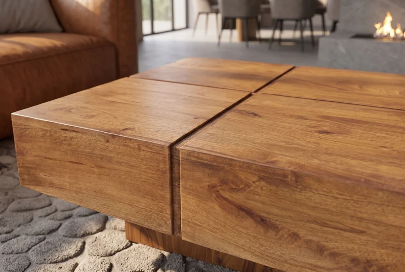 Table basse solide BOLT 70cm en manguier marron finition miel fait main