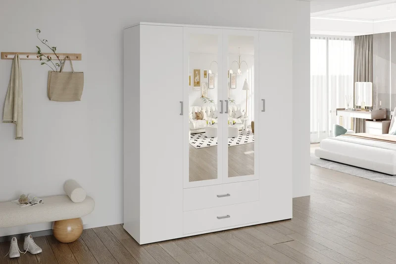 Armoire 4 portes avec 2 miroirs MARCO blanc - 160 cm