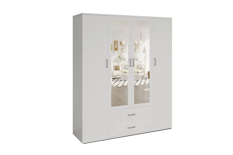 Armoire 4 portes avec 2 miroirs MARCO blanc - 160 cm