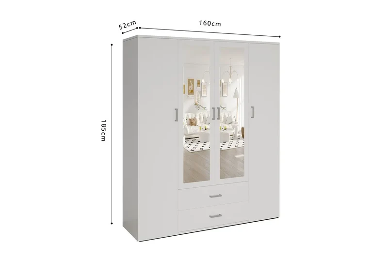 Armoire 4 portes avec 2 miroirs MARCO blanc - 160 cm