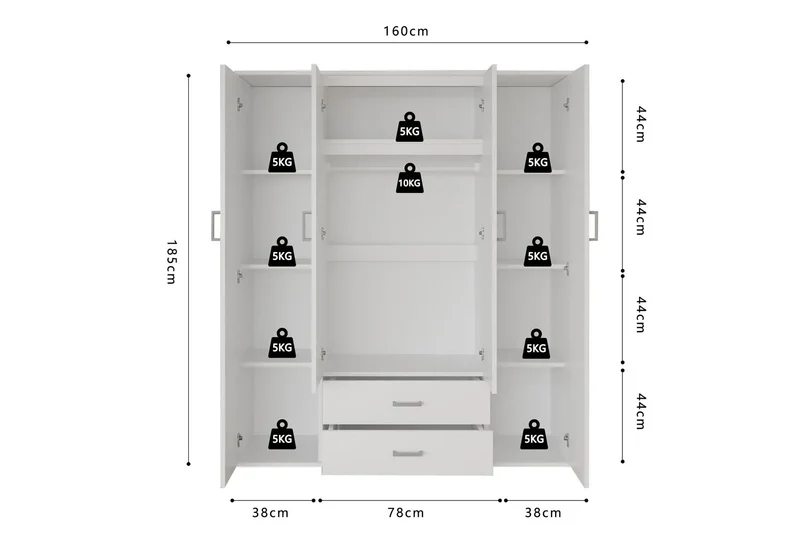 Armoire 4 portes avec 2 miroirs MARCO blanc - 160 cm